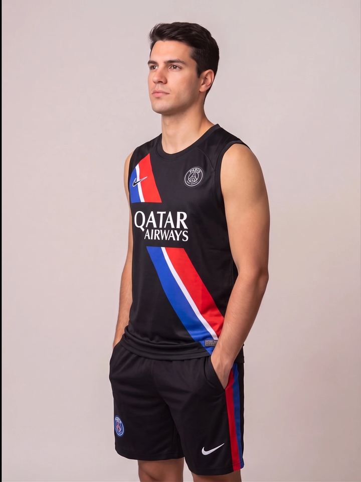 Kit Regata e Short PSG Treino Preto com Listra